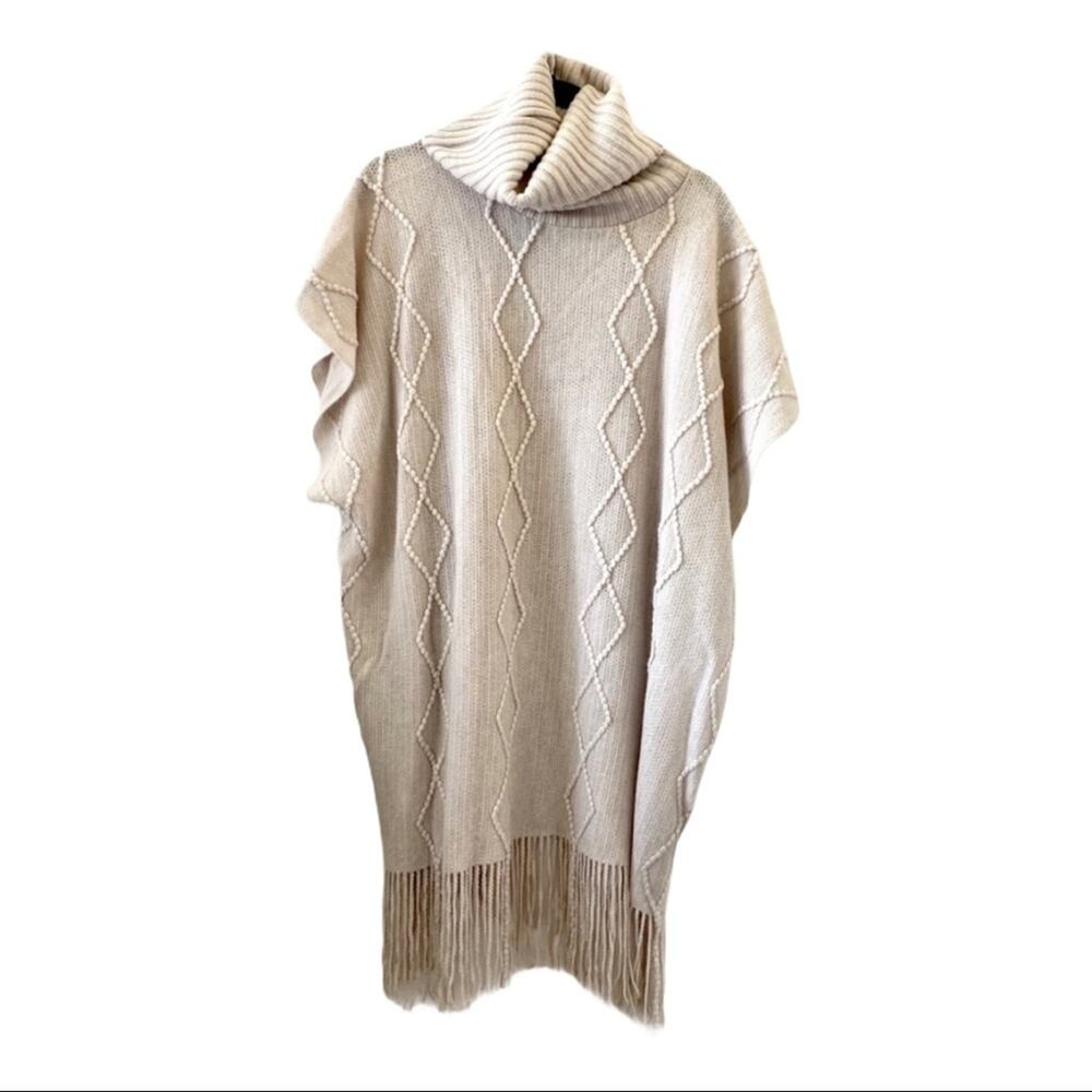 Time and Tru Cable Knit Turtleneck Fringe Poncho One Size